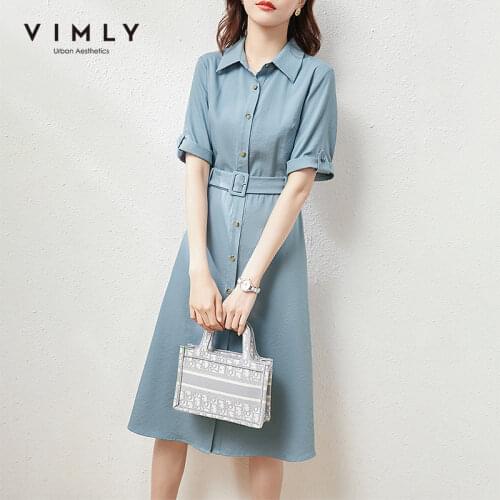 VIMLY Summer Dresses for Women Elegant Turn Down Collar Shirt Dress Office Ladies New Half Sleeve Sundress Womens Dresses F7052