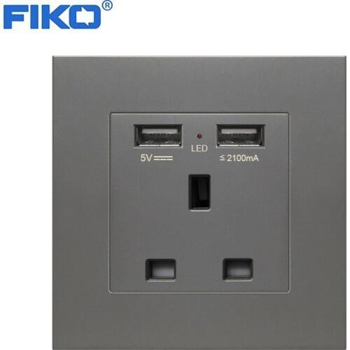 FIKO 13A British socket with dual USB 5V 2100mA Gray PC panel socket with usb family hotel 86mm*86mm family wall power socket