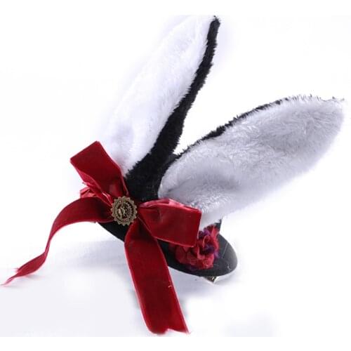Lolita Hat Retro Fascinator Hats With Rabbit Ears Hair Clips Fairy Mini Top Hat Bowknot Anime Cosplay Steampunk Hat