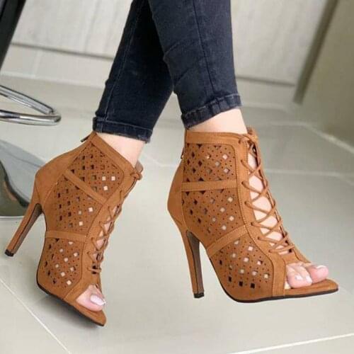 Women High Heels Sexy Hollow Out Sandals Women Thin Heel Pumps Ladies Pumps Lace-Up Cross-Tied Party Pumps Female Summer Shoes