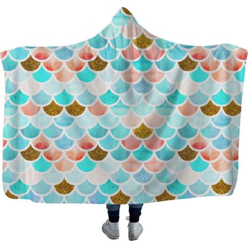 Mermaid Scales Printing Hooded Blanket Thickened Fleece Warm Cover Blanket for Adults Kids Travel Camping Warm Blanket