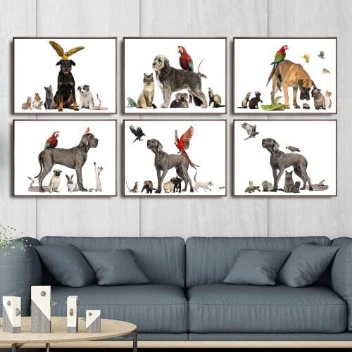 Funny Art Black Dog and Cat Parrot Animal Group Canvas Painting Poster Print Cuadros Wall Art for Living Room Home Decoration
