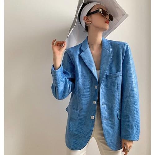 2021 New Women Blue Crocodile Faux Leather Jacket Spring Fall Shoulder Pad Leather Solid Blazer High Fashion Ladies Coat Fashion