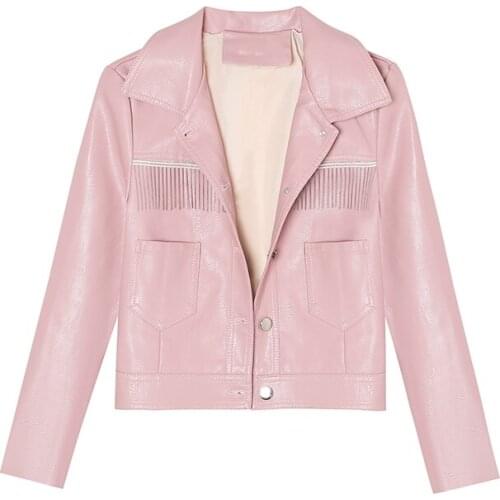 2021 New Spring Women Pu Leather Jacket Single Breasted Tassels Faux Soft Leather Short Coat Turndown Collar Motorcycle Outwear