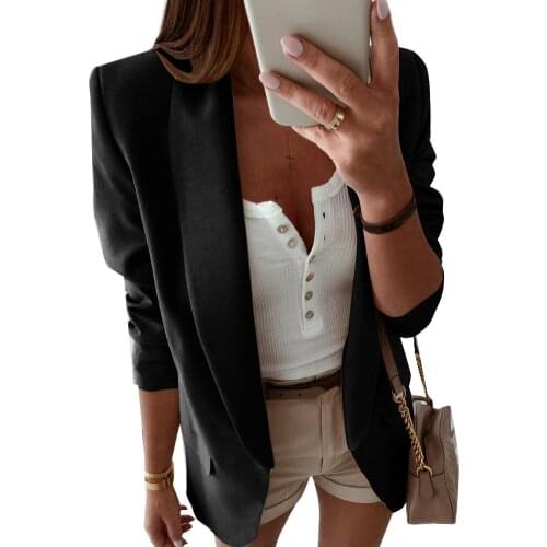 Casual Blazer Feminino Women Basic Notched Collar Solid Blazer Pockets Chic Tops Office Ladies Retro Single Button Suit Jackets