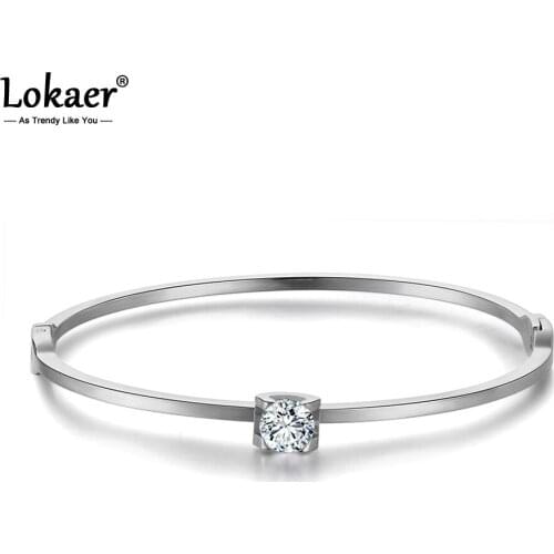 Lokaer Classic Titanium Steel Silver Color Cuff Bracelets Bangles Luxury Cubic Zirconia Wedding Bangle Jewelry For Women B18030