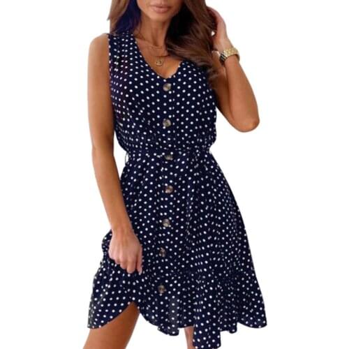 Polka Dot Print Plus Size Dress Women Sleeveless Lace-up Ruffle Casual Dresses Summer Fashion V-Neck Buttons Beach Dress