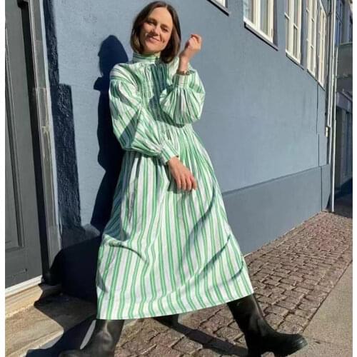 Women Dress 2021 Autumn New Striped High Neck Long Sleeve Loose Women Long Dress