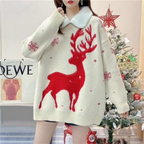 Winter Warm Sweater Female Korean Loose Christmas Deer Wool Sweater Thickened Top Oversized Streetwear Women