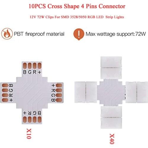 10 Cross Shape 4 Pins Connector 10mm Quick Splitter 12V 72W Clips 3528/5050 SMD RGB LED Flexible Strip Lights Corner Connector S