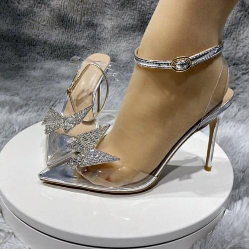 Shining rystal bowknot 8cm 10cm high heel pointed toe elegant slingbacks luxury romantic buckle straps women Shoe SJ004 ROVICIYA