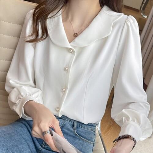Blouses Long Sleeve White Blouse Tops Women Shirts Blouse Women Blusas Mujer De Moda 2021 Doll Collar Chiffon Blouse Shirt E675