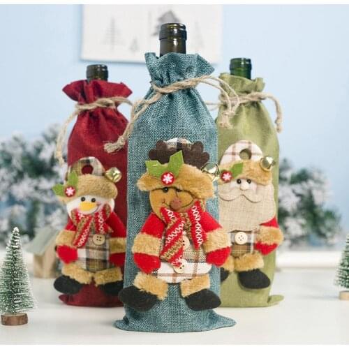 Rustic Style Xmas Santa Deer Linen Drawstring Wine Bottle Cover Champagne Packaging Bag Holiday Party Decor Christmas Supplies