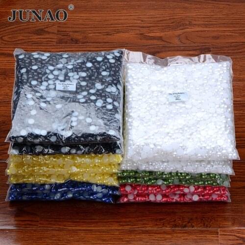 JUNAO 2 4 6 8 10 12 14mm Black White Half Round Pearls Acrylic Imitation Flatback Pearl Beads Glue On Rhinestone for Scrapbook