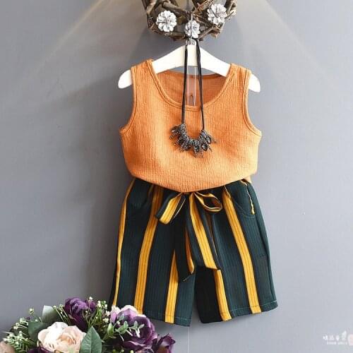 Girls clothing set Girls Summer Pearl Yarn Sleeveless Vest + Striped Lace Contrast Color Half-length Culottes Set kids clothes