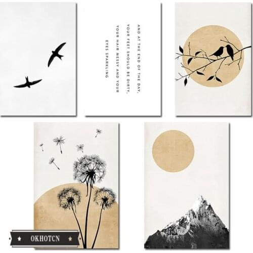 Beautiful Landscape Poster Yellow Sun Mountain Branch Birds Dandelion Wall Art Canvas Painting Scandinavian Room Decoration