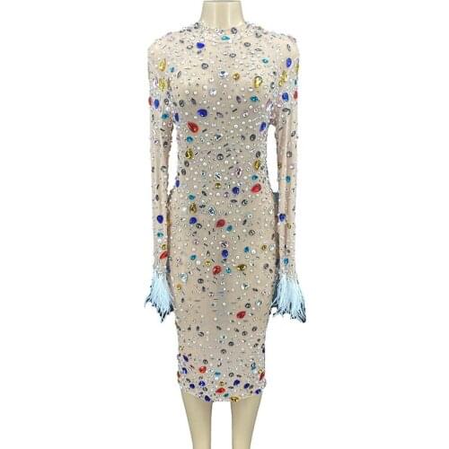 Colorful Crystals Pearls Sexy Mesh Dress Prom Evening Sexy Transparent Multicolor Rhinestones Costume Birthday Feather Sleeves