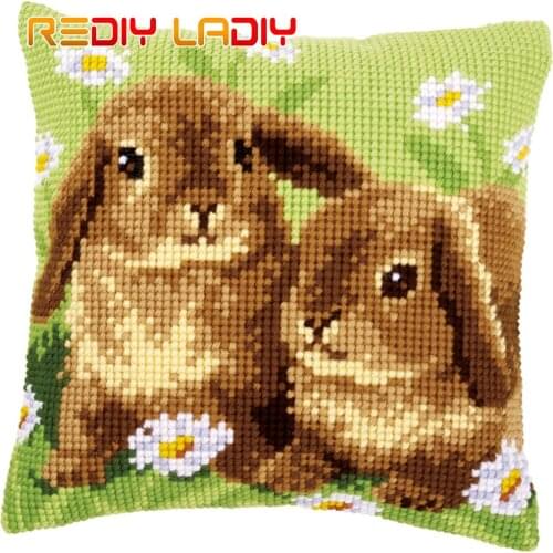 Cross Stitch Cushion Cover Two Rabbits Pillow Case Pre-Printed Canvas Thick Yarn Cross-stitch Kits Needlepoint Arts and Crafts