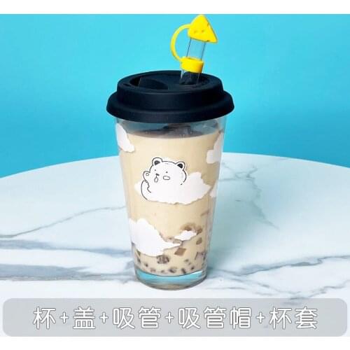 12mm Large Diameter Pipette Glass Cup Transparent Fruit Juice Cool Drink Mug with Cover and Straw Water Bottle Absorbable Pearl