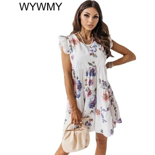 WYWMY Hot Sale Floral Print Dress Women Summer 2021 New Casual O-neck Ruffle Sleeve Loose Mini Dresses Womens Clothing Vestidos