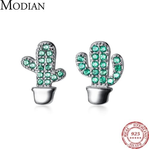 MODIAN Fashion Green Crystal Lovely Cactus Stud Earring for Women Authentic 925 Sterling Silver Plant Ear Pin Fine Jewelry Gift