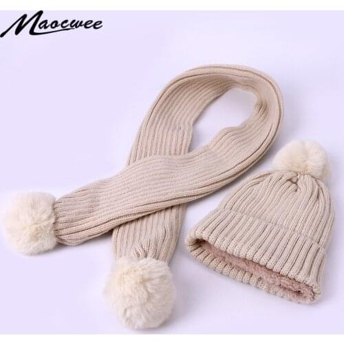 Fashion Warm Winter Faux Fur Ball Pompom Hat&Scarf Sets For Kids Girls 2 Pieces Set Knitted Unisex Hat Scarf Warm Plus Velvet