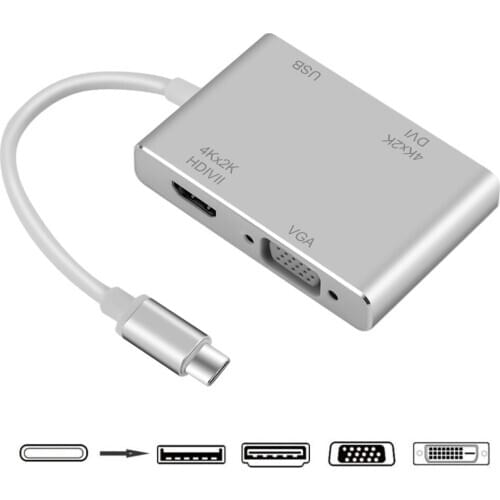 4 in 1Type C Male to HDMI+VGA+DVI+USB 3.0 Female Video Adapter Aluminium Adapter 4K 1080P Converter