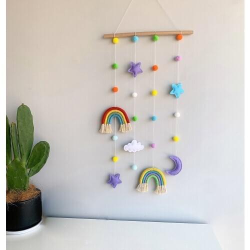 Cute Wall Hanging Decor Wooden Stick Tassel Rainbow Stars Clouds Moon Shape Ornament Pendant Kids Room Decoration