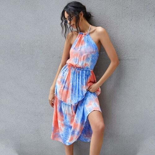 New Tie-dye Casual Dress Fashion Midi Dress Printing Mid-length Summer Sexy Backless High Waist Hot Style Free Ship