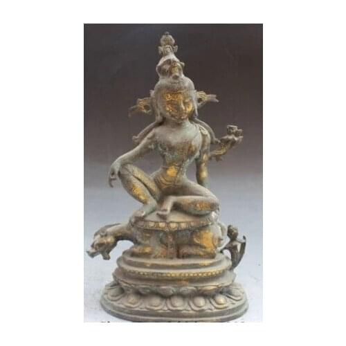 RHS0143 Chinese Tibetan Buddhism Bronze Gilt Kwan-Yin Guan Yin Goddess Ride Beast Statue
