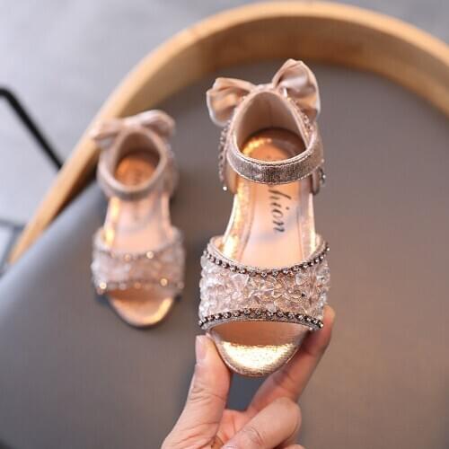 1-12 Years 2021 New Fashion Crystal Bow Baby Little Girl Summer Silver Sandals Princess Dance Children Shoe For Kids Girl Sandal