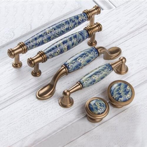 Blue Leaf hand painted ceramichandle and knobs Cupboard cabinet Knob drawer Dresser handles Closet pulls