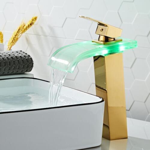 Bathroom Basin Faucet LED Faucet Chrome/Gold Sink Waterfall faucet Single Hole Cold Hot Gold Tap Basin Mixer Taps Torneira