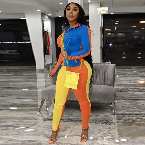 Womens Set Spring Autumn Sportswear Tracksuit Hooded Long Sleeve Zipper Jacket Coat+pencil Jogger Sweatpant Color Block Outfit