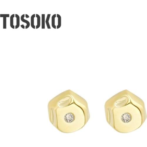 TOSOKO Stainless Steel Jewelry Small Round Zircon Stud With Irregular Curved Surface Fashion Earrings For Women BSF311