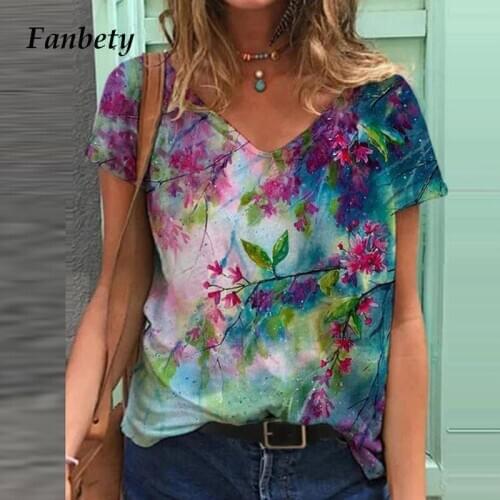 2021 Women Fashion Floral Print Tee Shirt Summer V Neck Loose Pullover Tops Female Casual Short Sleeve Lady T Shirts Streetwear