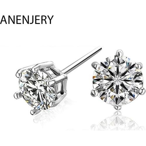 ANENJERY 925 Sterling Silver Classic Dot Zircon Stud Earrings For Women Gift S-E34