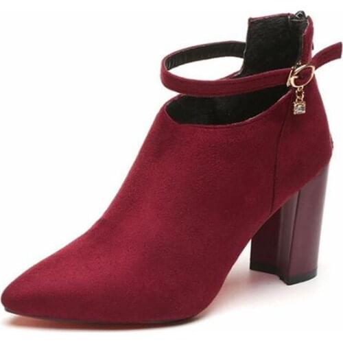 Women Pumps Stilettos Ladies Shoes Women Flock Buckle Strap 8CM Thick High Heels Pointed Toe Sexy Party Office & Career Shallow