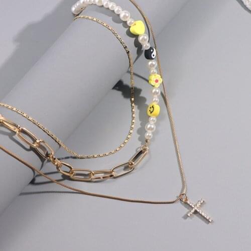 Boho Smiley Yin Yang Pearls Beaded Necklace For Women Handmade Bead Choker Asymmetry Pearl Necklaces Cross Chain Layered Jewelry
