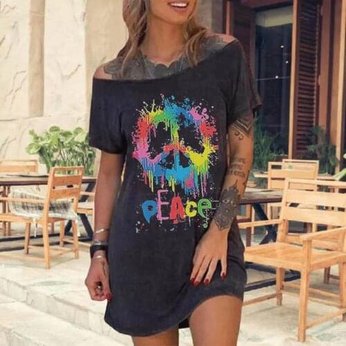 Women Casual Dress Vintaeg Streetwear Loose One-line Neck Printed Cotton T-shirt Dress Plus Size Short Sleeve Dresses Robe #T1G