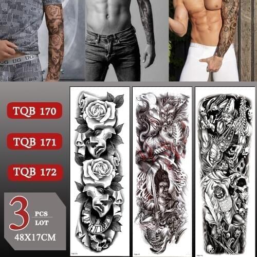 3 pcs/lot Full Arm Waterproof Skull Flower Temporary Tattoo Sticker Large Arm Sleeve Fake Tattoos For Men Women Arm Leg Sticker
