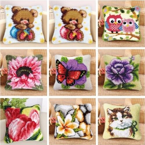 Flower Cushion Latch Hook Pillow Rug Kit Flannel Mat DIY Craft Cross Stitch Needlework Crocheting Cushion Embroidery Carpet
