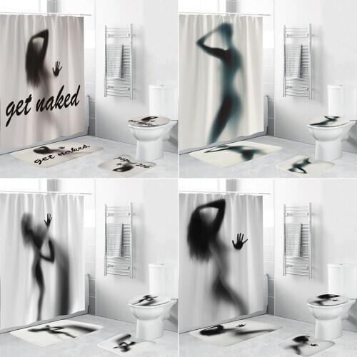Women Shadow Polyester Fabric Shower Curtain Bathroom Curtains Set Printed Carpet Cover Toilet Bath Mat Pad for Home Decor