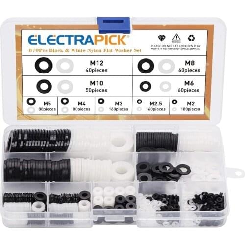 Electrapick Washers 870 Pieces Plastic Flat Washers Assortment Set M2-M12 Nylon Seal Black & White