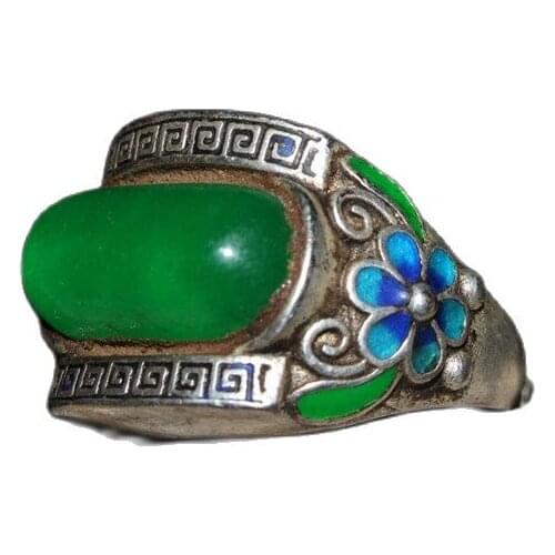 China Old Tibetan Silver Emerald Inlaid Cloisonne Silk Pinching Rectangular Ring