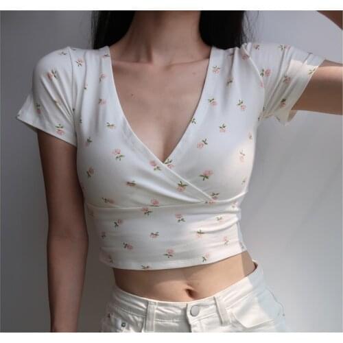 Women Crop Tops Waist Short Sleeved Floral Print Sexy Bodycon Elegant White T Shirt 2021 Summer TeesAmerican Retro V Neck Slim