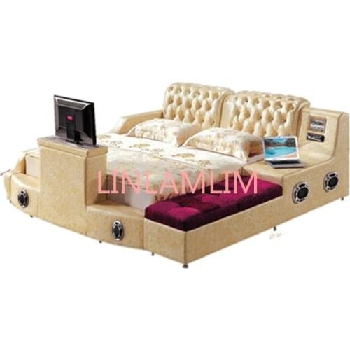Real Genuine leather bed TV Soft Beds Bedroom camas lit muebles de dormitorio yatak mobilya quarto massage speaker bluetooth