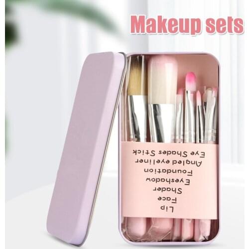 7pcs Cosmetic Brush Set with Iron Box Portable Pink Beauty Tools with Different Brushes for Makeup Girls NE