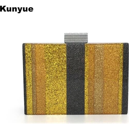 New Trendy Glitter Acrylic Evening Bag Luxury Striped Sequins Clutch Purse Women Wedding Party Prom Casual Handbags Cute Hardbox