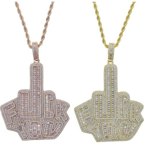 Summer new Iced Out Bling 5A Cubic Zirconia Baguette CZ Rudely Pendant Necklace with long rope chain for Men punk HipHop Jewelry